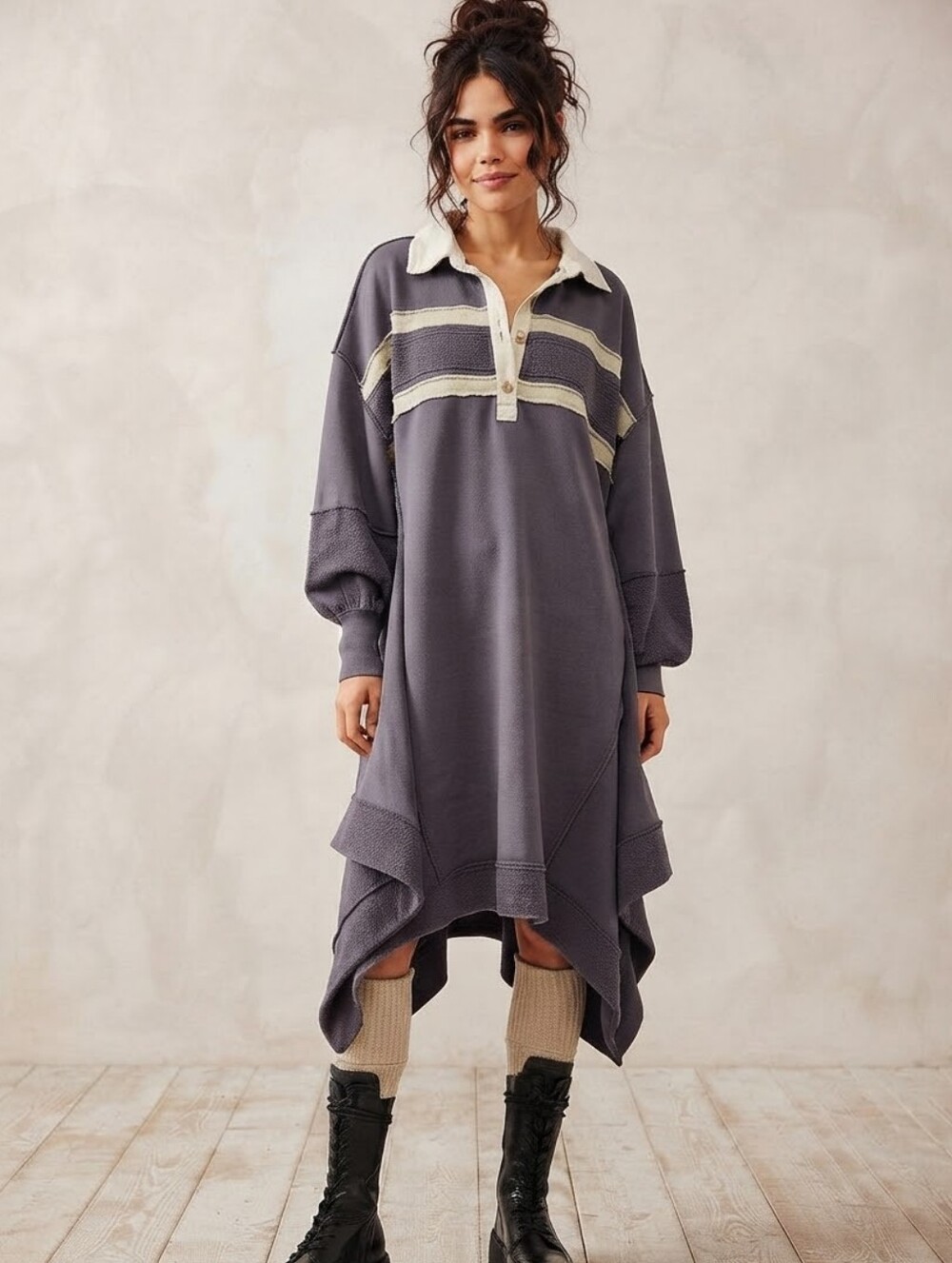 Free People Blair Baggey Oversized Sweatshirt Dress Rugby Polo Grunge Boho Sz L